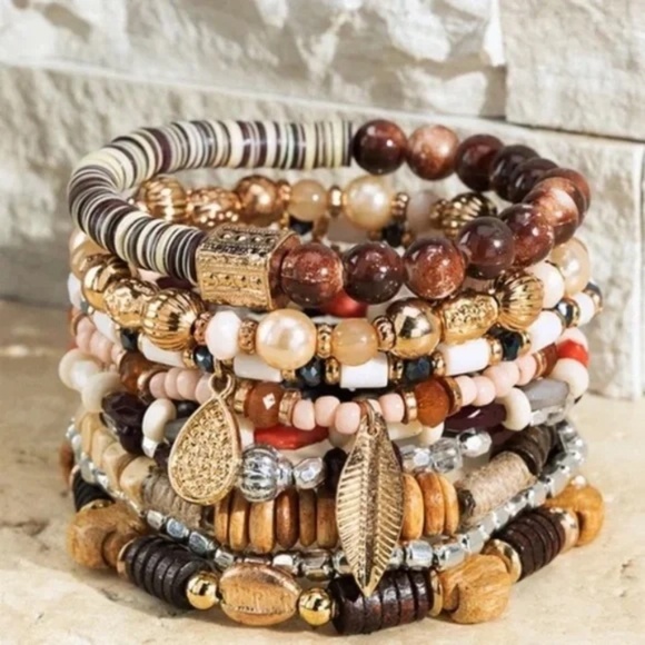 Coconut Mixed Beads Wood Metal Glass Stretch Stackable Bracelet Set w/ Leaf - Picture 1 of 3